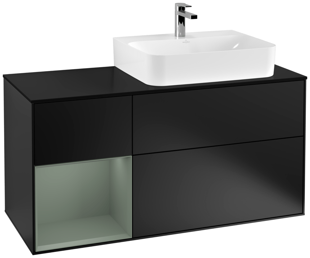 V&B Waschtisch-Unterschrank Abdeckplatte Glass Black Matt Finion 120cm, Regal links Olive Matt Lacquer, Black matt lacquer