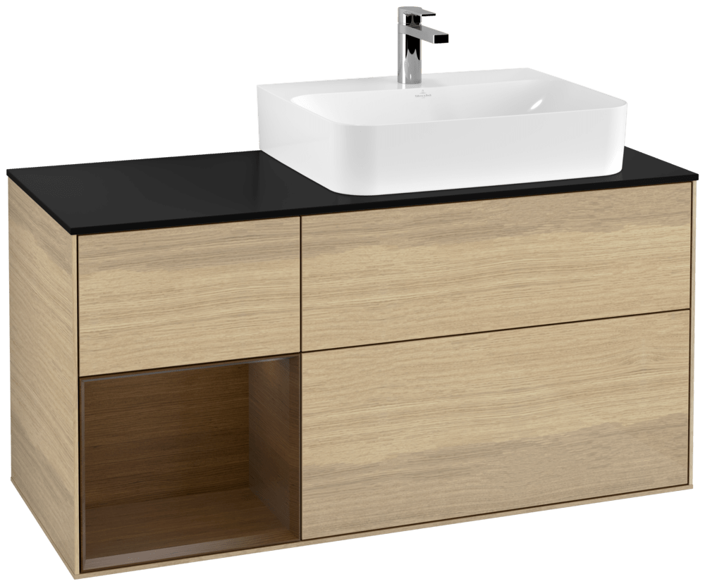 V&B Waschtisch-Unterschrank Abdeckplatte Glass Black Matt Finion 120cm, Regal links Walnut veneer, Oak Veneer