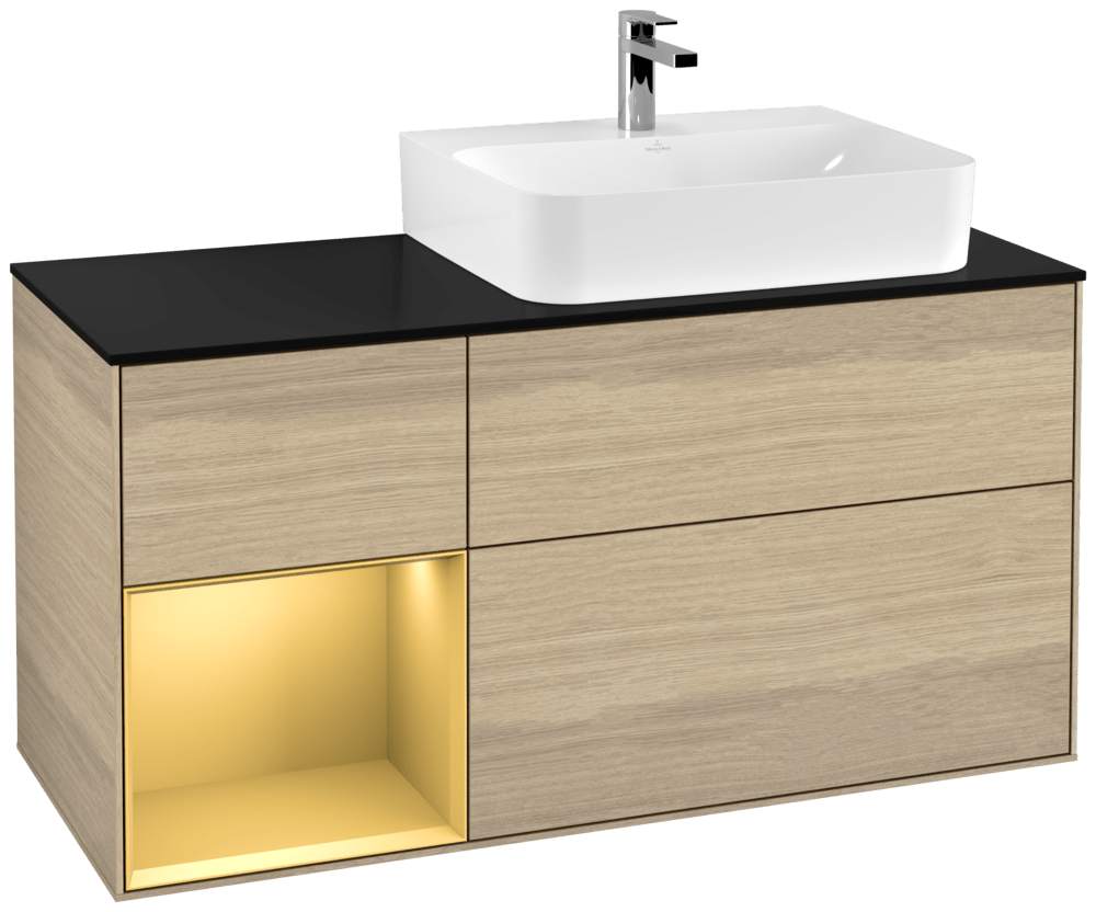 V&B Waschtisch-Unterschrank Abdeckplatte Glass Black Matt Finion 120cm, Regal links Gold matt, Oak Veneer