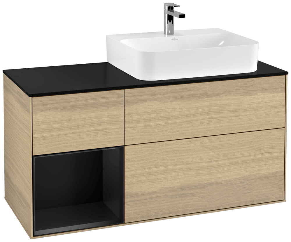 V&B Waschtisch-Unterschrank Abdeckplatte Glass Black Matt Finion 120cm, Regal links Black matt lacquer, Oak Veneer