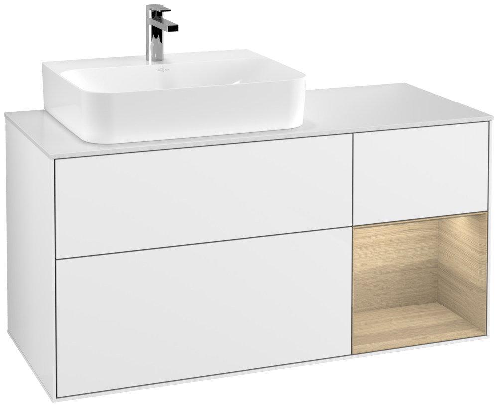 V&B Waschtisch-Unterschrank Finion 120cm, Abdeckplatte white matt, Regal rechts Oak Veneer, Glossy white lacquer