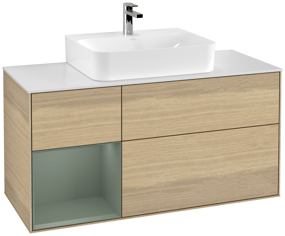 V&B Waschtisch-Unterschrank Finion 120cm, Abdeckplatte white matt, Regal links Olive Matt Lacquer, Oak Veneer