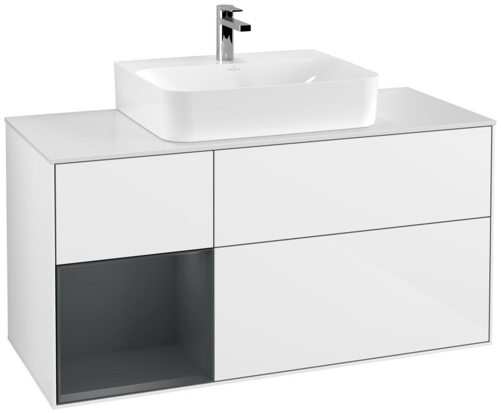 V&B Waschtisch-Unterschrank Finion 120cm, Abdeckplatte white matt, Regal links Midnight Blue Matt Lacquer, Glossy white lacquer