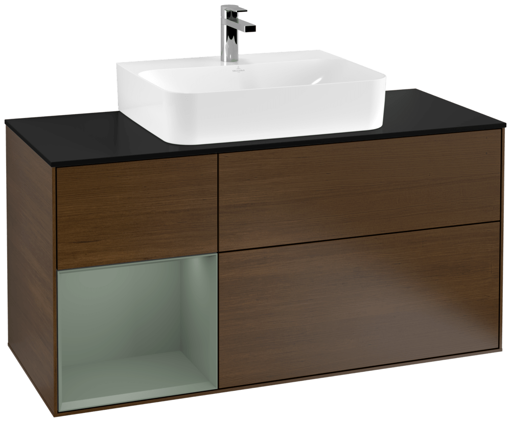 V&B Waschtisch-Unterschrank Finion 120cm, Abdeckplatte black matt, Regal links Olive Matt Lacquer, Walnut veneer