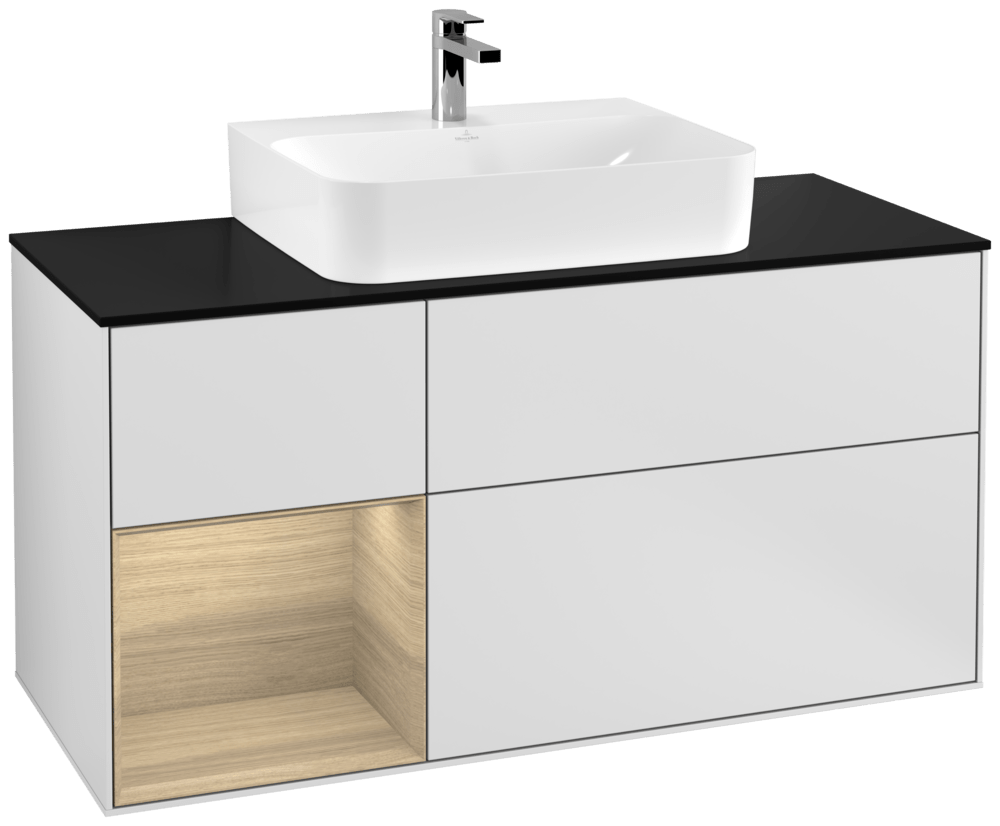 V&B Waschtisch-Unterschrank Finion 120cm, Abdeckplatte black matt, Regal links Oak Veneer, White matt lacquer