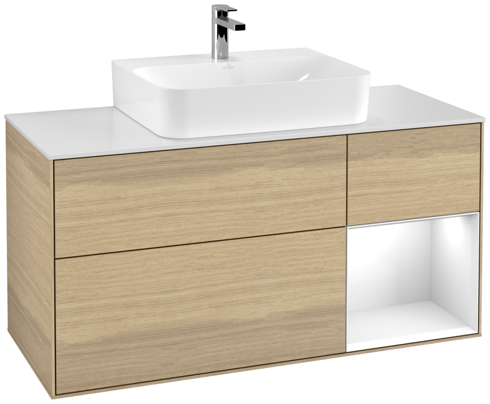 V&B Waschtisch-Unterschrank Finion 120cm, Abdeckplatte white matt, Regal rechts Glossy white lacquer, Oak Veneer