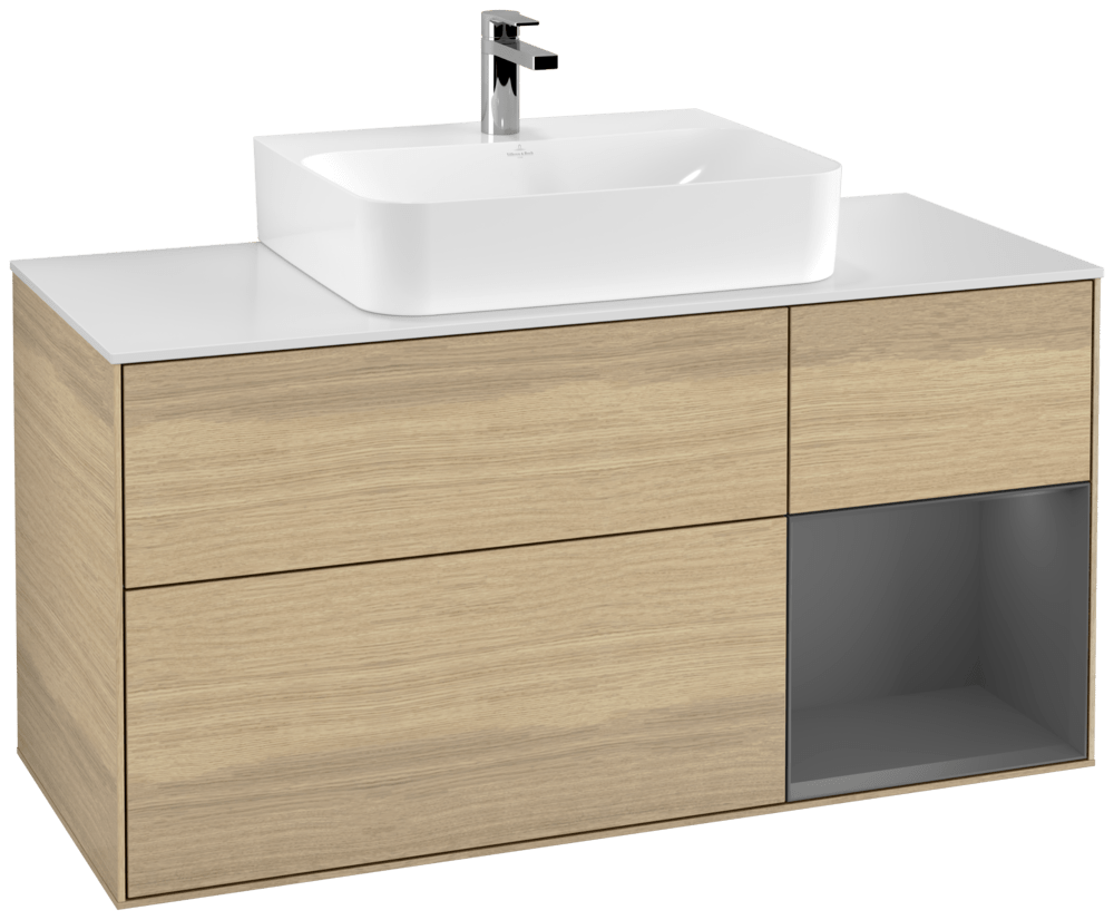 V&B Waschtisch-Unterschrank Finion 120cm, Abdeckplatte white matt, Regal rechts Anthracite matt, Oak Veneer