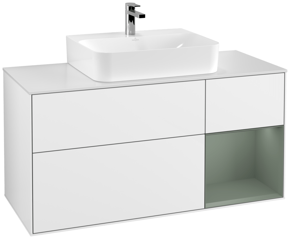 V&B Waschtisch-Unterschrank Finion 120cm, Abdeckplatte white matt, Regal rechts Olive Matt Lacquer, Glossy white lacquer