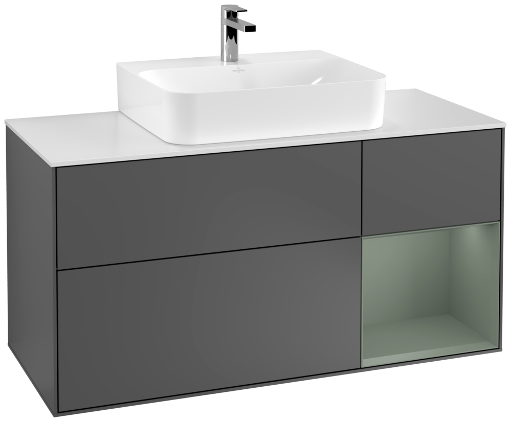 V&B Waschtisch-Unterschrank Finion 120cm, Abdeckplatte white matt, Regal rechts Olive Matt Lacquer, Anthracite matt