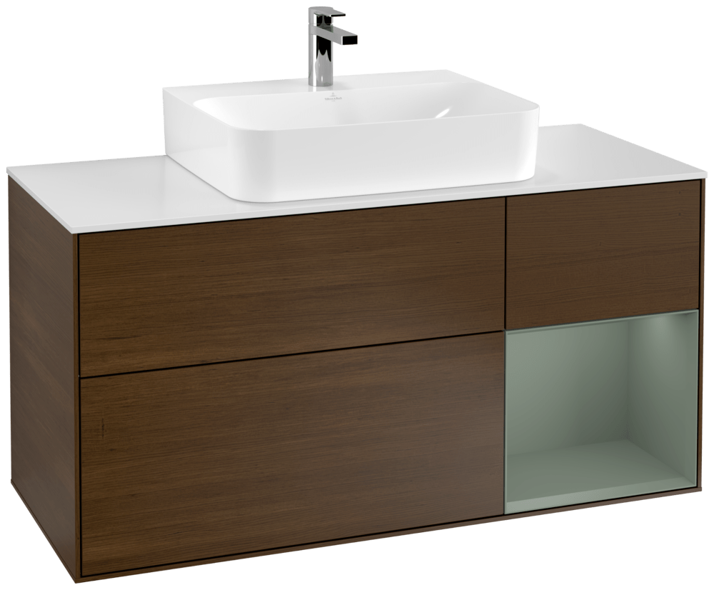 V&B Waschtisch-Unterschrank Finion 120cm, Abdeckplatte white matt, Regal rechts Olive Matt Lacquer, Walnut veneer