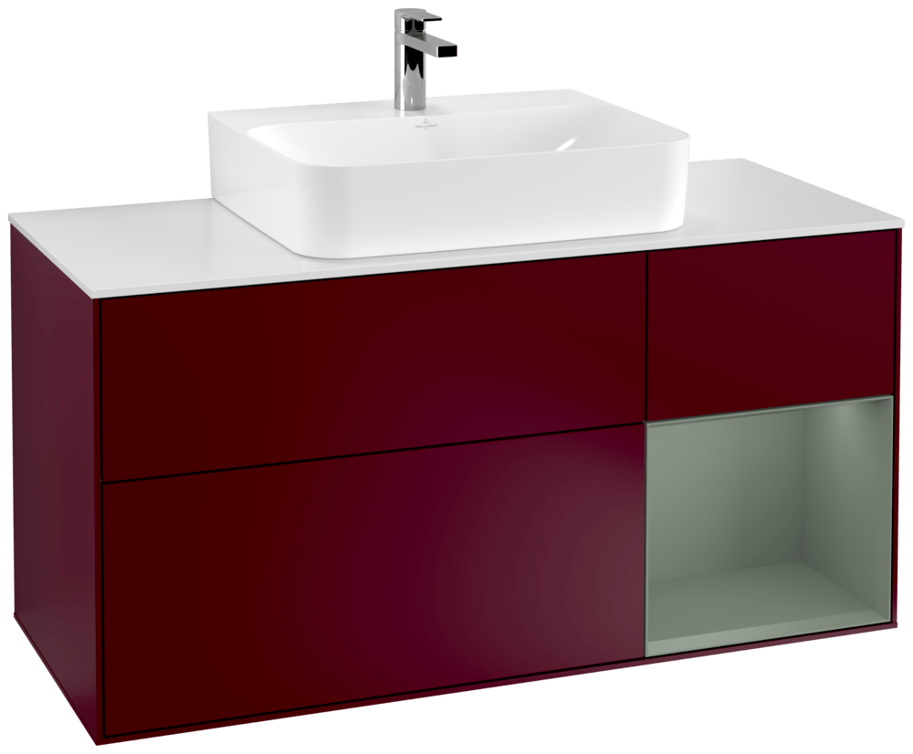 V&B Waschtisch-Unterschrank Finion 120cm, Abdeckplatte white matt, Regal rechts Olive Matt Lacquer, Peony Matt