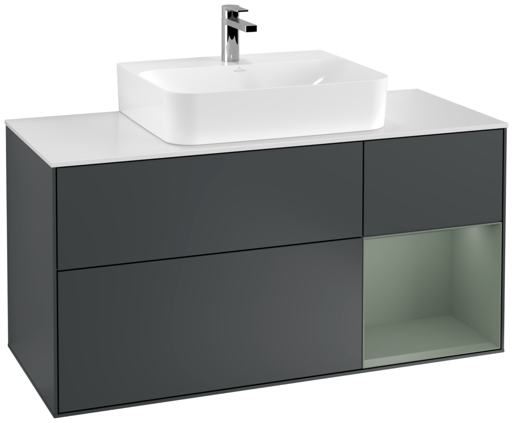 V&B Waschtisch-Unterschrank Finion 120cm, Abdeckplatte white matt, Regal rechts Olive Matt Lacquer, Midnight Blue Matt Lacquer