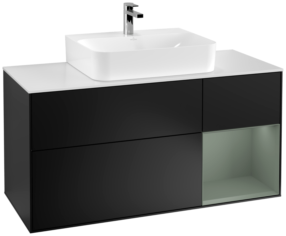 V&B Waschtisch-Unterschrank Finion 120cm, Abdeckplatte white matt, Regal rechts Olive Matt Lacquer, Black matt lacquer