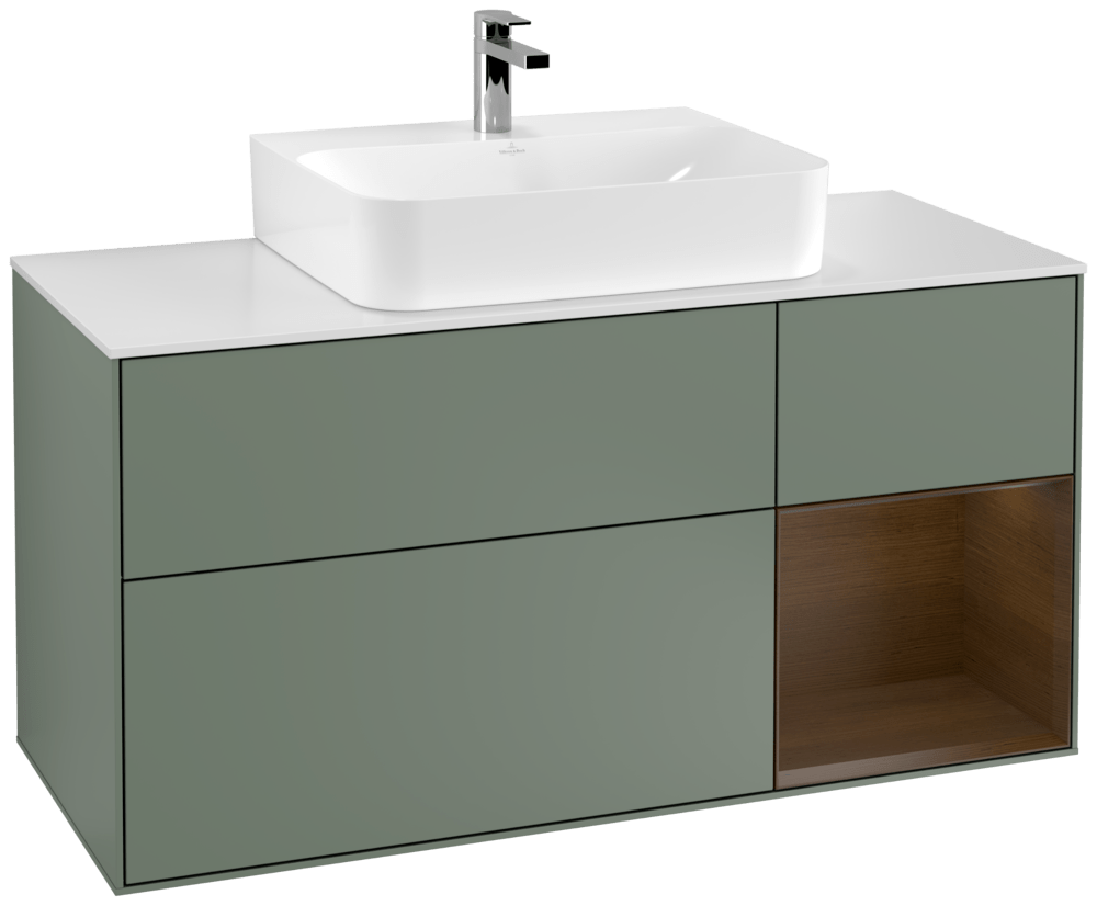 V&B Waschtisch-Unterschrank Finion 120cm, Abdeckplatte white matt, Regal rechts Walnut veneer, Olive Matt Lacquer