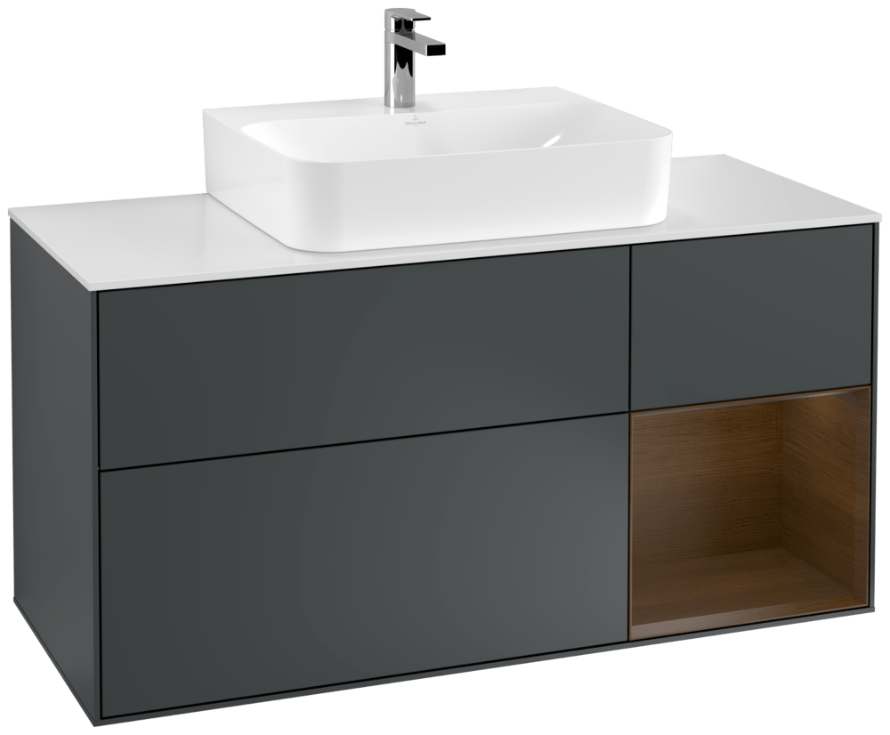 V&B Waschtisch-Unterschrank Finion 120cm, Abdeckplatte white matt, Regal rechts Walnut veneer, Midnight Blue Matt Lacquer