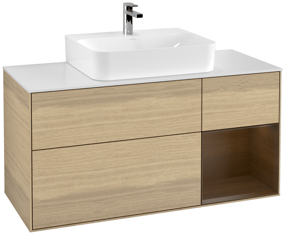 V&B Waschtisch-Unterschrank Finion 120cm, Abdeckplatte white matt, Regal rechts Walnut veneer, Oak Veneer