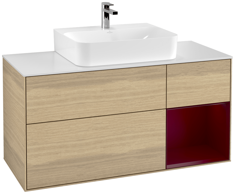 V&B Waschtisch-Unterschrank Finion 120cm, Abdeckplatte white matt, Regal rechts Peony, Oak Veneer