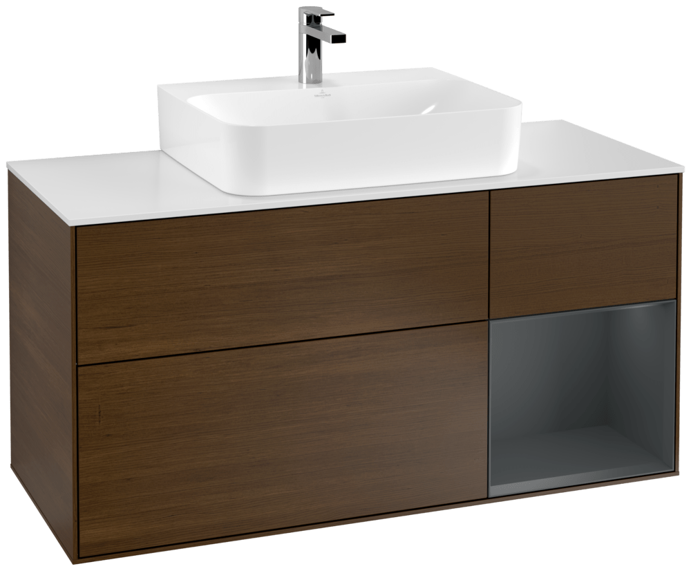 V&B Waschtisch-Unterschrank Finion 120cm, Abdeckplatte white matt, Regal rechts Midnight Blue Matt Lacquer, Walnut veneer