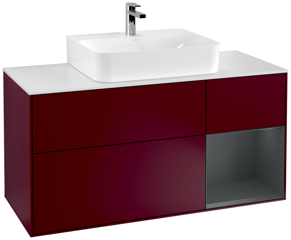 V&B Waschtisch-Unterschrank Finion 120cm, Abdeckplatte white matt, Regal rechts Midnight Blue Matt Lacquer, Peony Matt