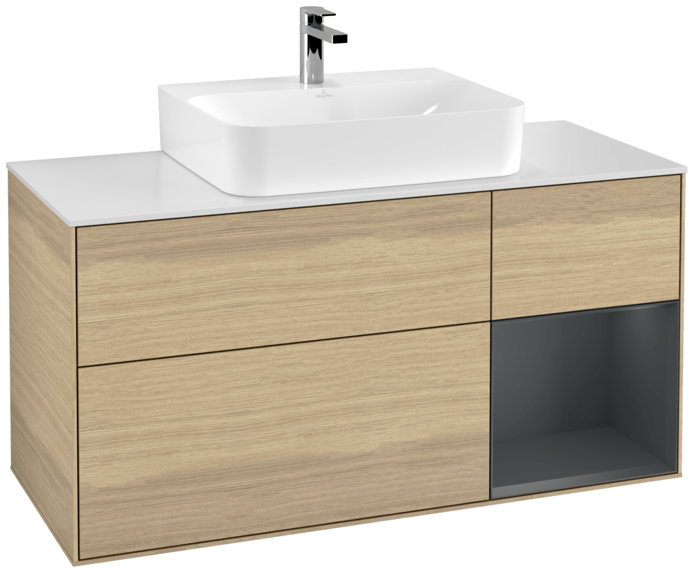 V&B Waschtisch-Unterschrank Finion 120cm, Abdeckplatte white matt, Regal rechts Midnight Blue Matt Lacquer, Oak Veneer