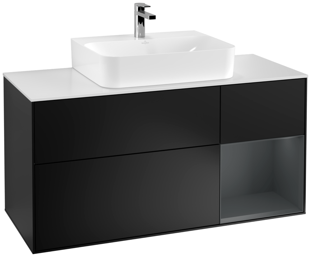 V&B Waschtisch-Unterschrank Finion 120cm, Abdeckplatte white matt, Regal rechts Midnight Blue Matt Lacquer, Black matt lacquer