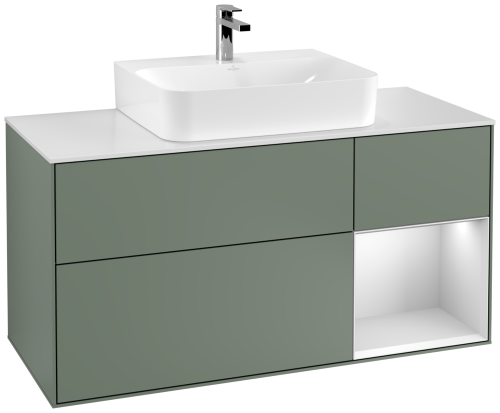 V&B Waschtisch-Unterschrank Finion 120cm, Abdeckplatte white matt, Regal rechts White matt lacquer, Olive Matt Lacquer