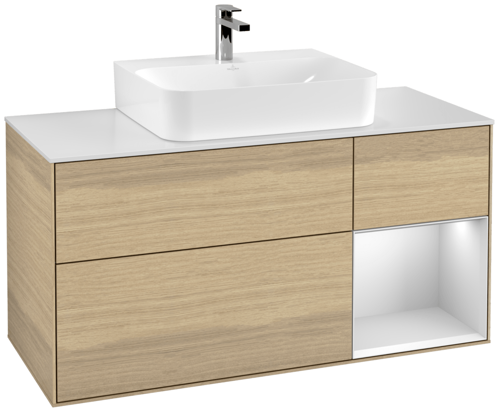 V&B Waschtisch-Unterschrank Finion 120cm, Abdeckplatte white matt, Regal rechts White matt lacquer, Oak Veneer