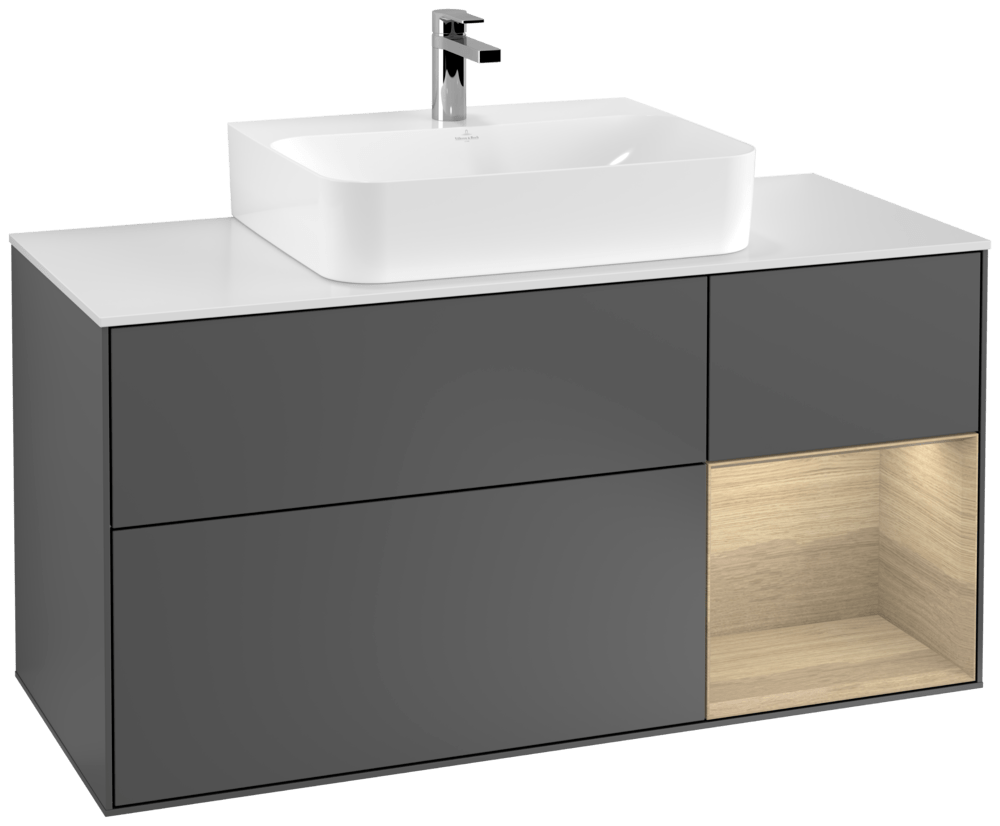 V&B Waschtisch-Unterschrank Finion 120cm, Abdeckplatte white matt, Regal rechts Oak Veneer, Anthracite matt