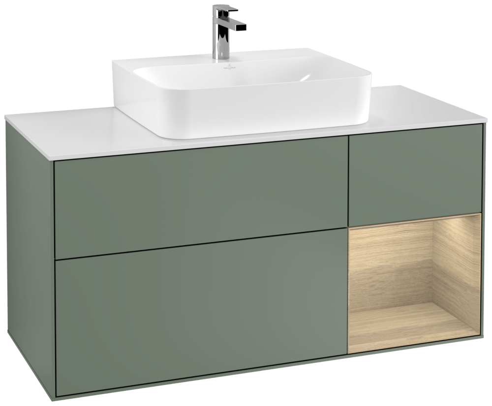 V&B Waschtisch-Unterschrank Finion 120cm, Abdeckplatte white matt, Regal rechts Oak Veneer, Olive Matt Lacquer