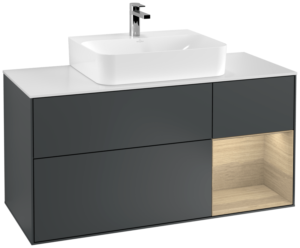 V&B Waschtisch-Unterschrank Finion 120cm, Abdeckplatte white matt, Regal rechts Oak Veneer, Midnight Blue Matt Lacquer