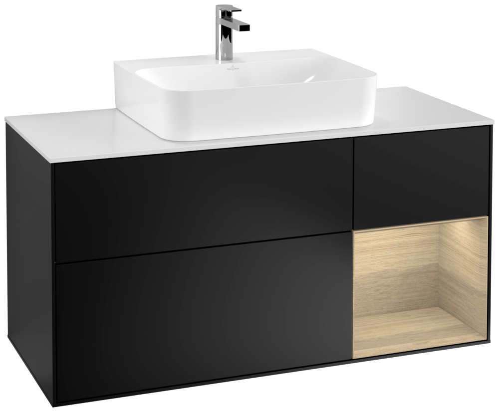 V&B Waschtisch-Unterschrank Finion 120cm, Abdeckplatte white matt, Regal rechts Oak Veneer, Black matt lacquer