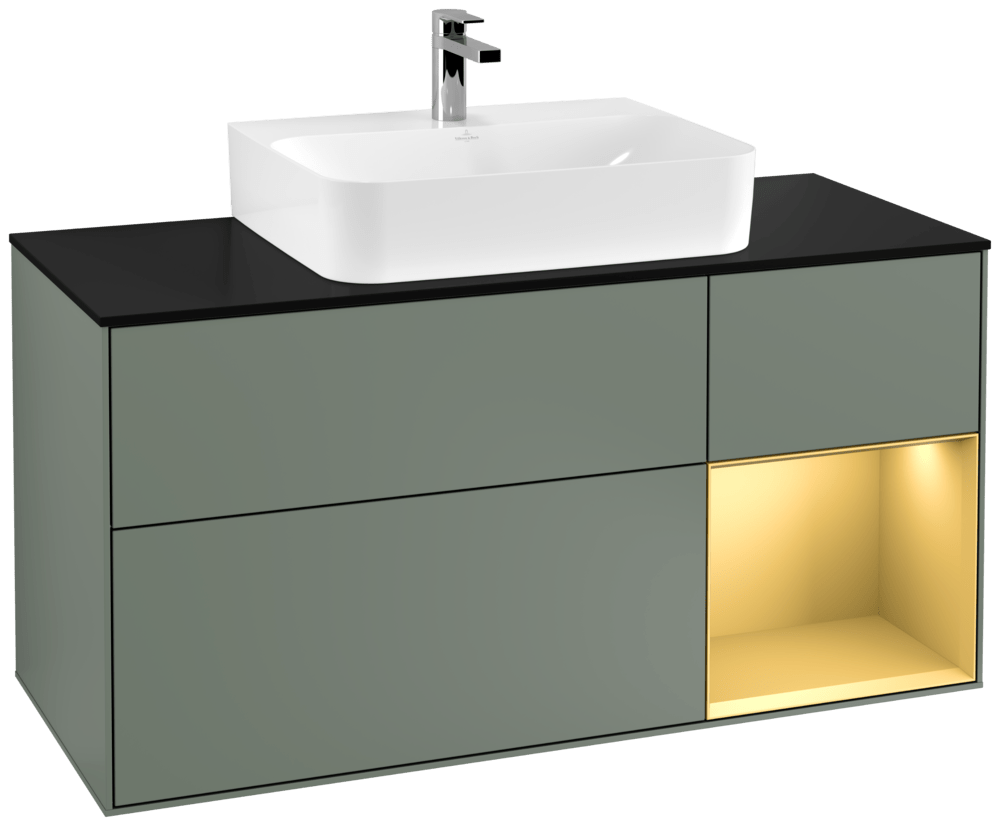 V&B Waschtisch-Unterschrank Finion 120cm, Abdeckplatte black matt, Regal rechts Gold matt, Olive Matt Lacquer