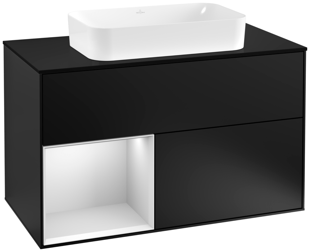 V&B Waschtisch-Unterschrank Abdeckplatte black matt Finion 100x60,3cm, Regal links White matt lacquer, Black matt lacquer