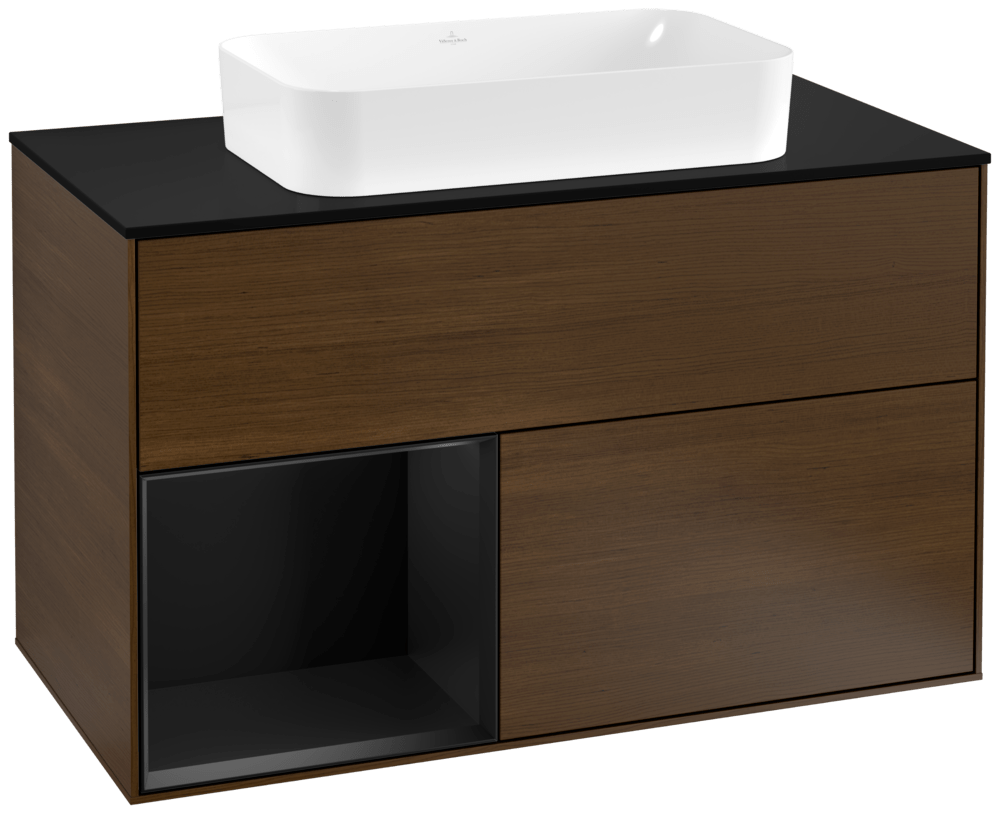 V&B Waschtisch-Unterschrank Abdeckplatte black matt Finion 100x60,3cm, Regal links Black matt lacquer, Walnut veneer