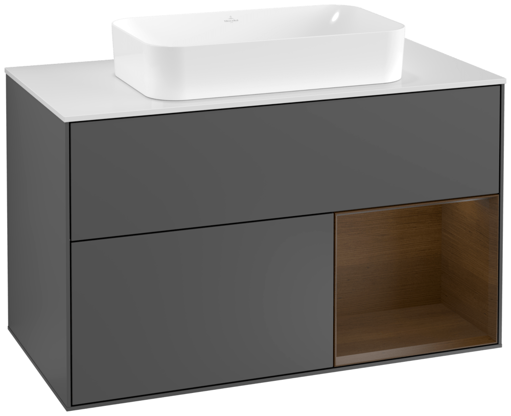 V&B Waschtisch-Unterschrank Abdeckplatte white matt Finion 100x60,3cm, Regal rechts Walnut veneer, Anthracite matt