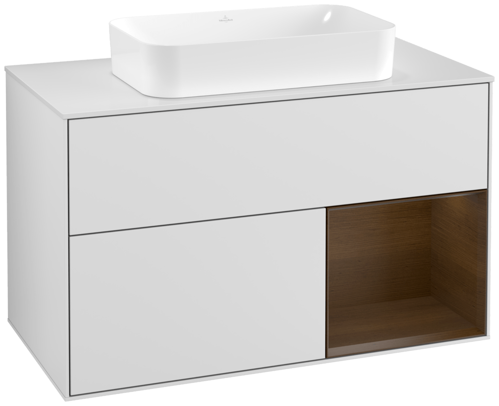 V&B Waschtisch-Unterschrank Abdeckplatte white matt Finion 100x60,3cm, Regal rechts Walnut veneer, White matt lacquer