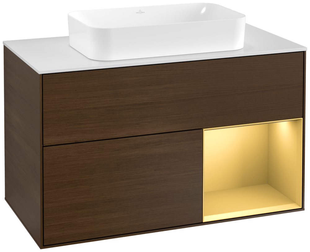 V&B Waschtisch-Unterschrank Abdeckplatte white matt Finion 100x60,3cm, Regal rechts Gold matt, Walnut veneer