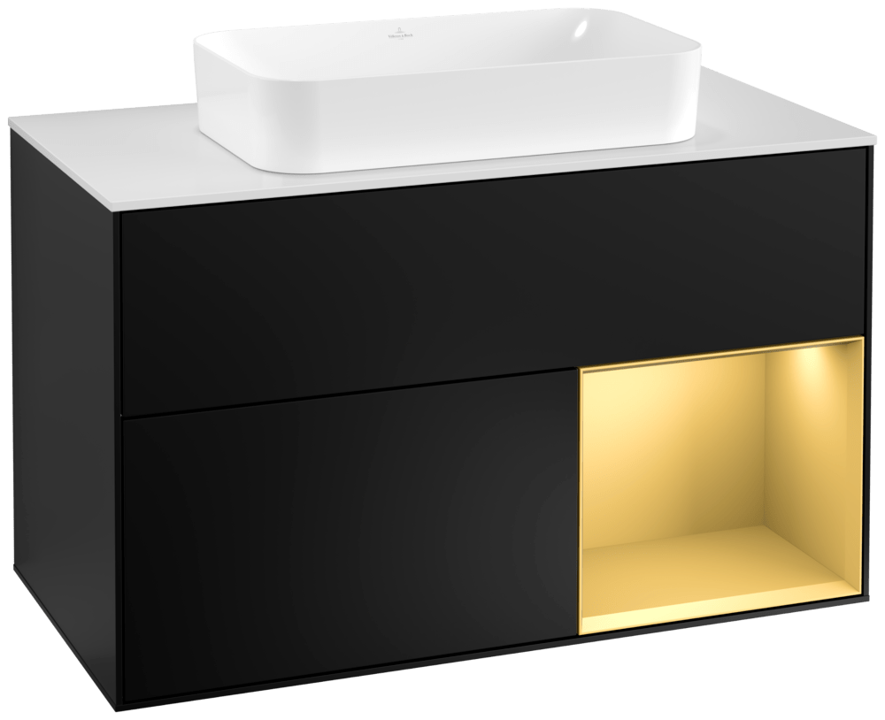 V&B Waschtisch-Unterschrank Abdeckplatte white matt Finion 100x60,3cm, Regal rechts Gold matt, Black matt lacquer