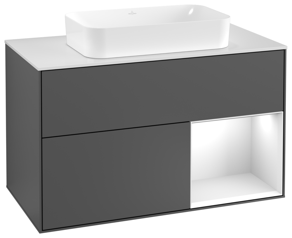 V&B Waschtisch-Unterschrank Abdeckplatte white matt Finion 100x60,3cm, Regal rechts White matt lacquer, Anthracite matt