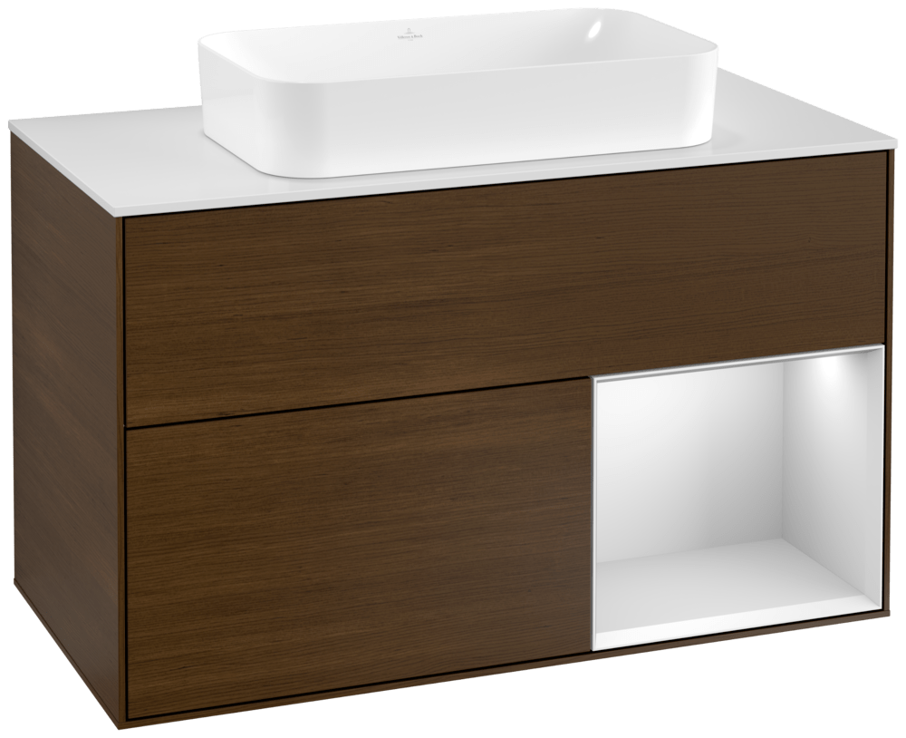 V&B Waschtisch-Unterschrank Abdeckplatte white matt Finion 100x60,3cm, Regal rechts White matt lacquer, Walnut veneer