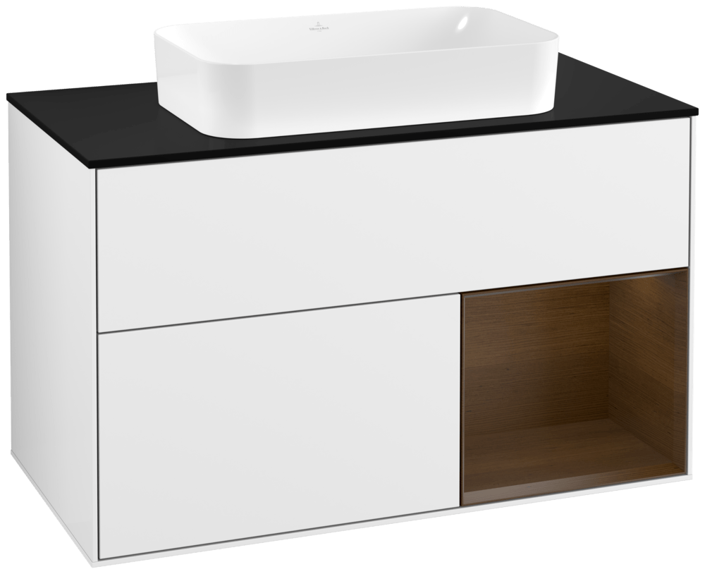 V&B Waschtisch-Unterschrank Abdeckplatte black matt Finion 100x60,3cm, Regal rechts Walnut veneer, Glossy white lacquer