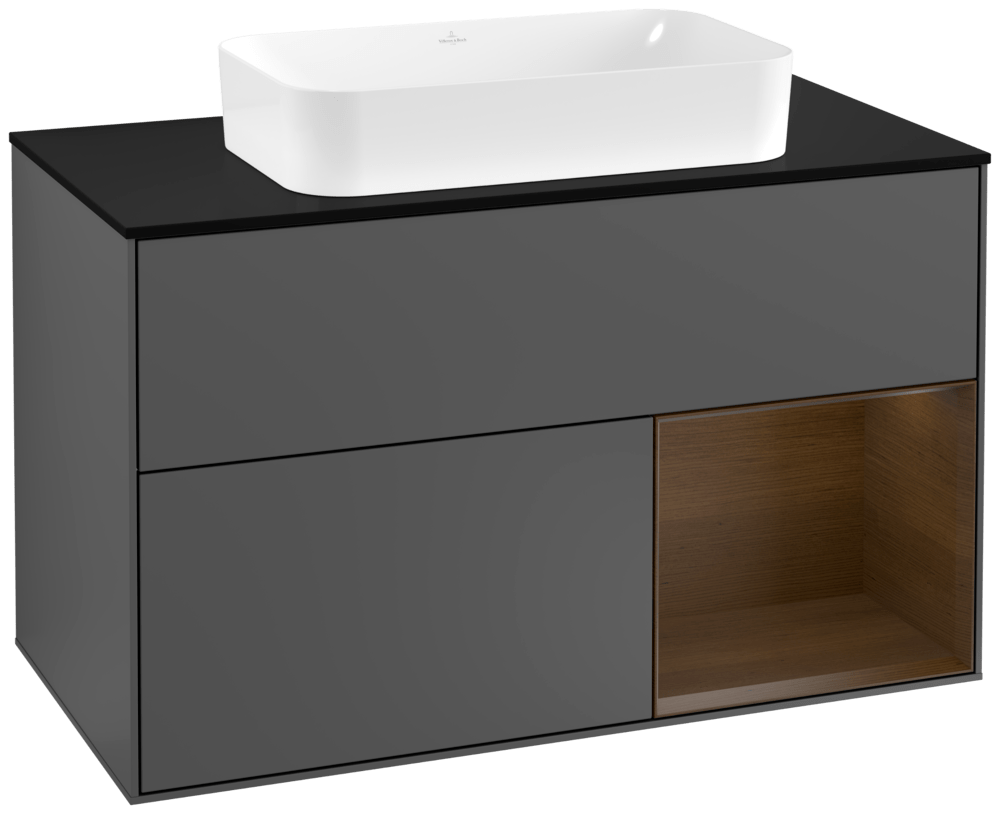 V&B Waschtisch-Unterschrank Abdeckplatte black matt Finion 100x60,3cm, Regal rechts Walnut veneer, Anthracite matt