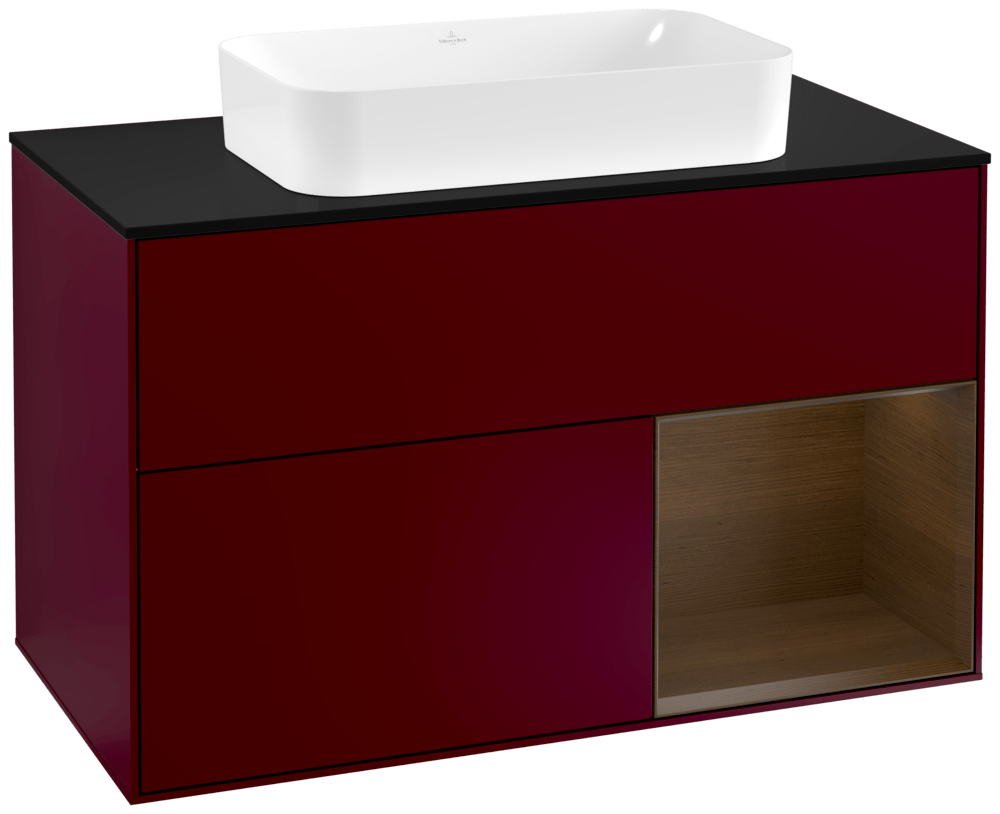 V&B Waschtisch-Unterschrank Abdeckplatte black matt Finion 100x60,3cm, Regal rechts Walnut veneer, Peony Matt