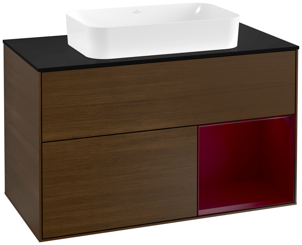 V&B Waschtisch-Unterschrank Abdeckplatte black matt Finion 100x60,3cm, Regal rechts Peony, Walnut veneer