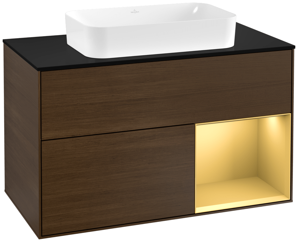 V&B Waschtisch-Unterschrank Abdeckplatte black matt Finion 100x60,3cm, Regal rechts Gold matt, Walnut veneer