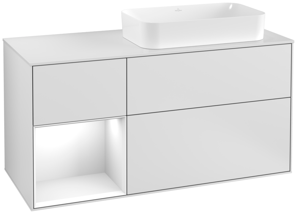 V&B Waschtisch-Unterschrank Finion 120cm, Abdeckplatte white matt, Regal links Glossy white lacquer, White matt lacquer