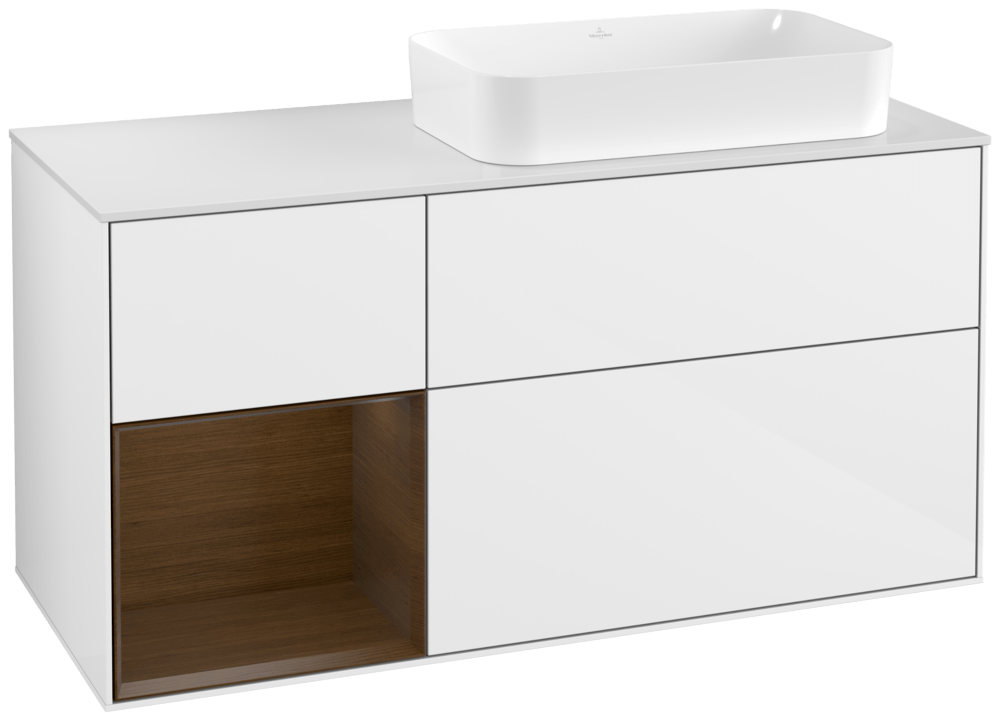 V&B Waschtisch-Unterschrank Finion 120cm, Abdeckplatte white matt, Regal links Walnut veneer, Glossy white lacquer