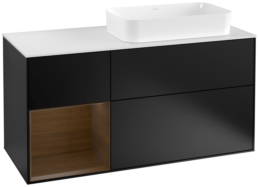 V&B Waschtisch-Unterschrank Finion 120cm, Abdeckplatte white matt, Regal links Walnut veneer, Black matt lacquer