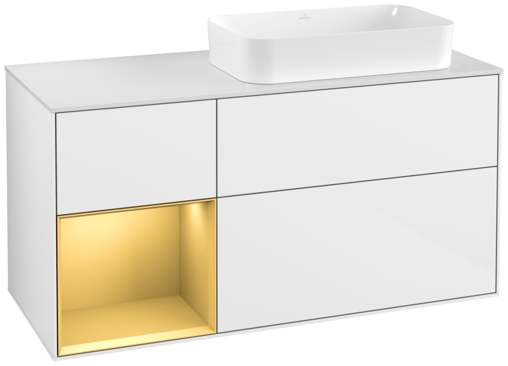 V&B Waschtisch-Unterschrank Finion 120cm, Abdeckplatte white matt, Regal links Gold matt, Glossy white lacquer