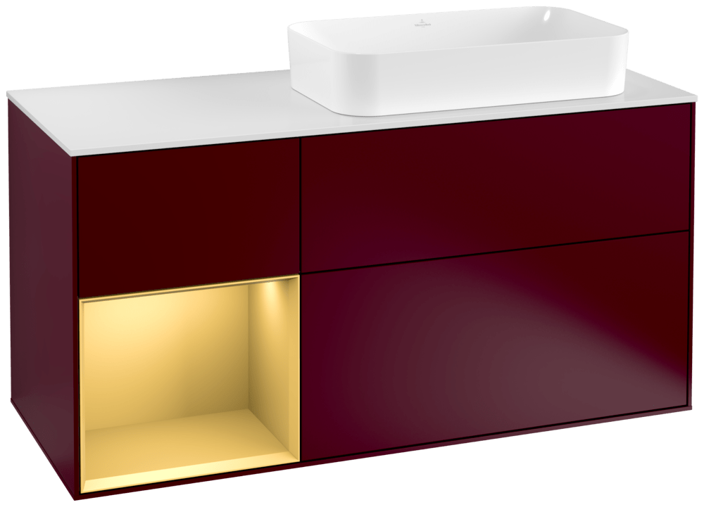 V&B Waschtisch-Unterschrank Finion 120cm, Abdeckplatte white matt, Regal links Gold matt, Peony Matt